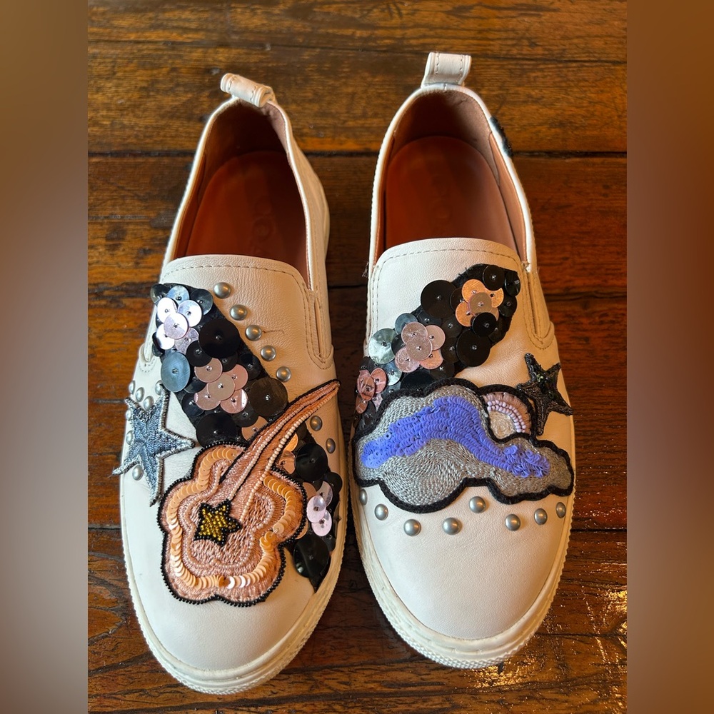 COACH Slip On Sequins and Star Patches Leather Beige Sneakers C115 Size 7.5